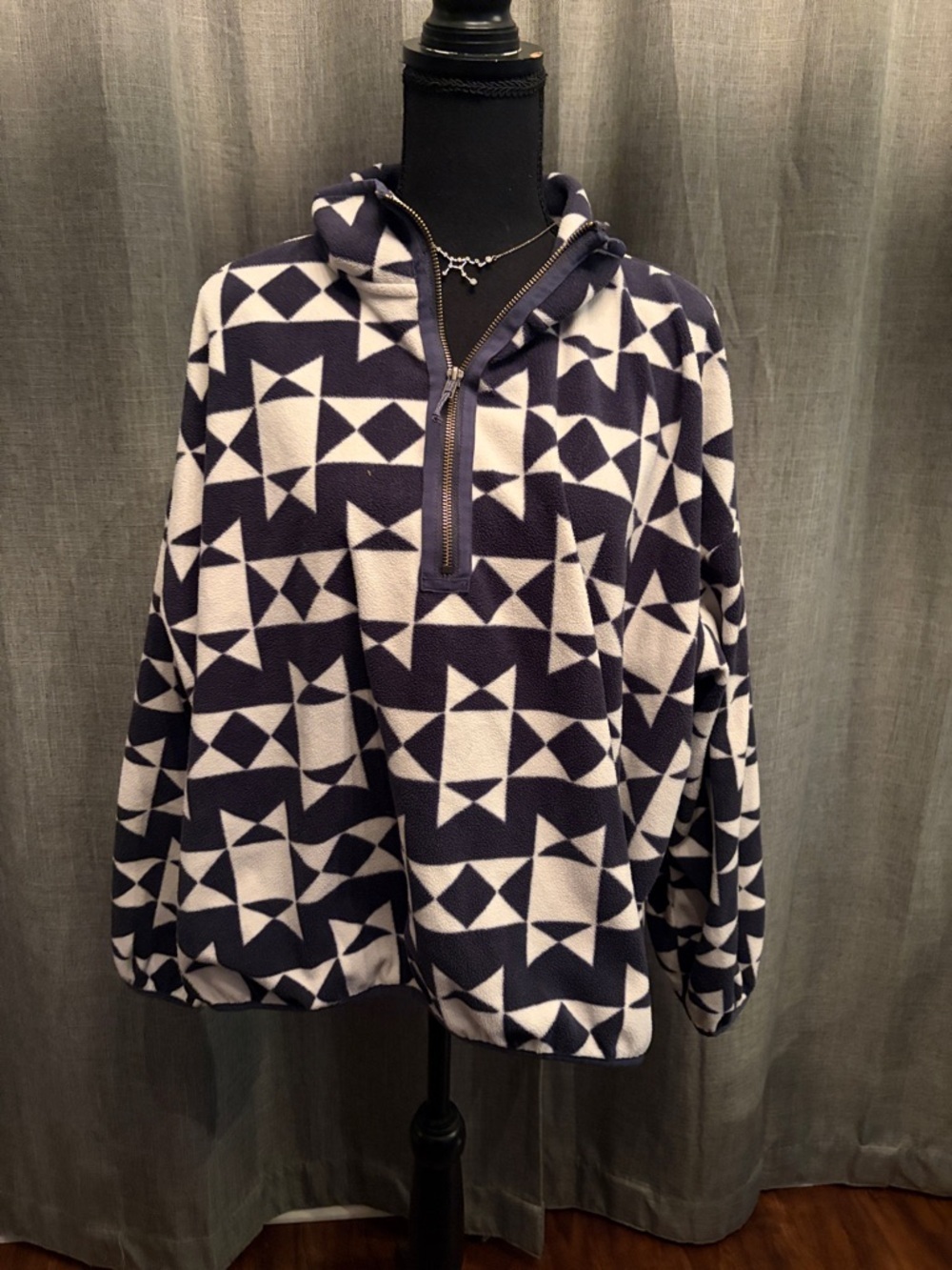 Eddie Bauer Navy and White Geometric Half-Zip Hoodie Sweater